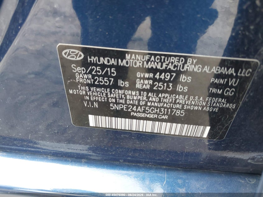 2016 Hyundai Sonata VIN 5NPE24AF5GH311785 IAAI salvage auction — REAR END, Salvage Title, sold $975 on 2026-07-25 (photo 9)