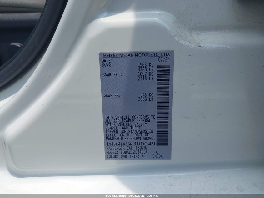 2025 Nissan Altima VIN 1N4BL4EV6SN300049 IAAI salvage auction — RIGHT FRONT, Salvage (North Carolina), sold $8,000 on 2026-07-30 (photo 9)