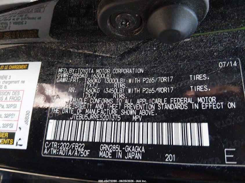 2014 Toyota 4runner VIN JTEBU5JR9E5201375 IAAI salvage auction — FRONT END, Salvage Title, sold $5,400 on 2026-07-21 (photo 9)