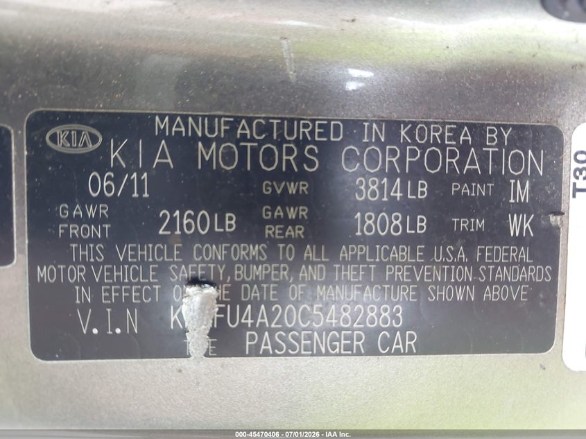 2012 Kia Forte VIN KNAFU4A20C5482883 IAAI salvage auction — FRONT & REAR, Salvage Title, sold $425 on 2026-07-23 (photo 9)