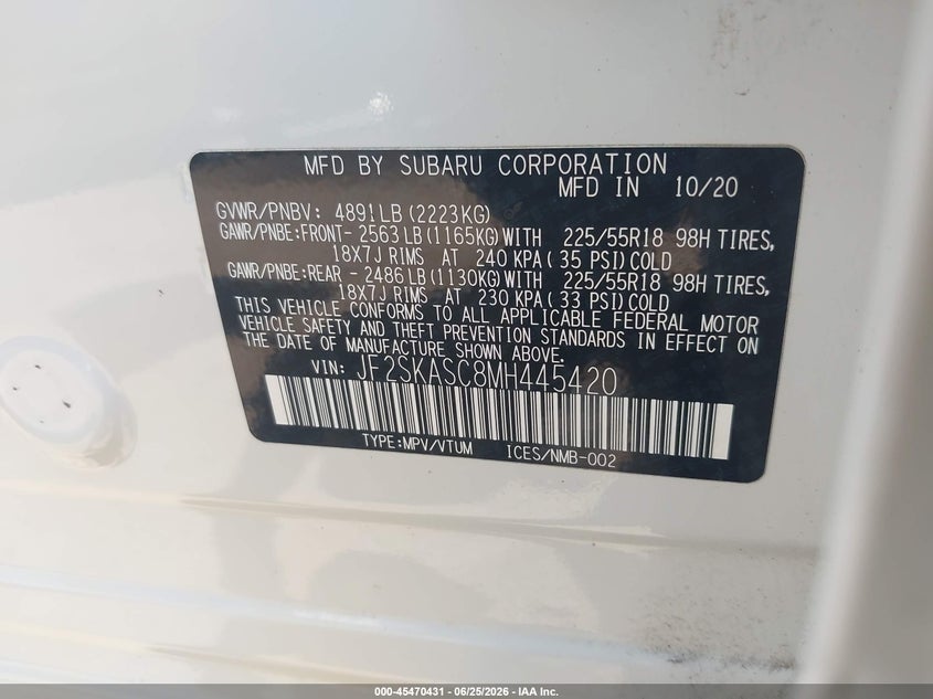 2021 Subaru Forester VIN JF2SKASC8MH445420 IAAI salvage auction — LEFT REAR, Salvage (Idaho), sold $5,300 on 2026-07-21 (photo 9)