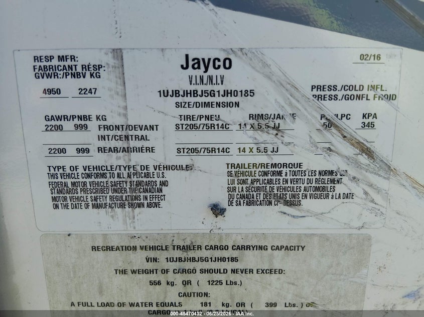 2016 Jayco Other VIN 1UJBJHBJ5G1JH0185 IAAI salvage auction — Unknown, Salvage - Greater Than 75% (Maryland), sold $3,250 on 2026-07-29 (photo 9)