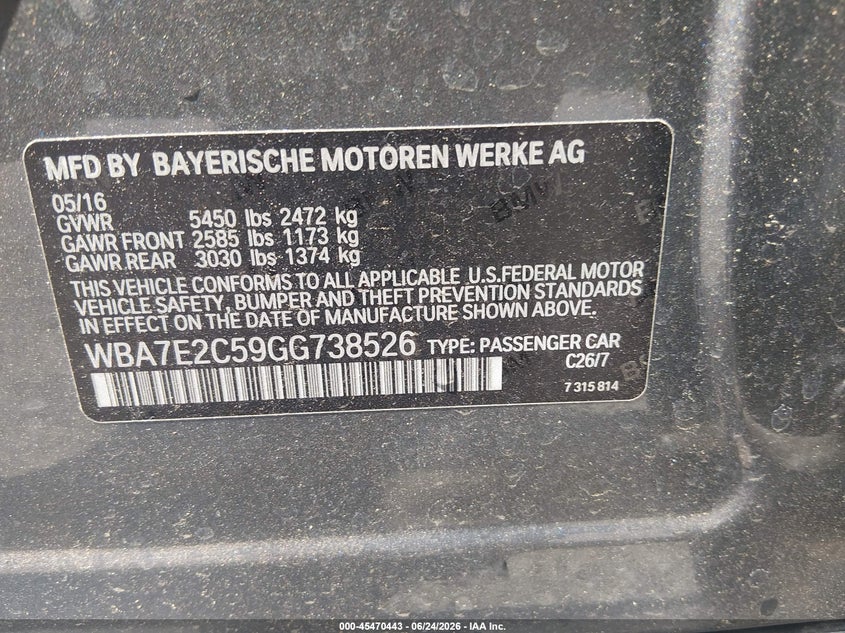 2016 BMW 7er VIN WBA7E2C59GG738526 IAAI salvage auction — FRONT END, Clear (South Carolina), sold $325 on 2026-07-29 (photo 9)