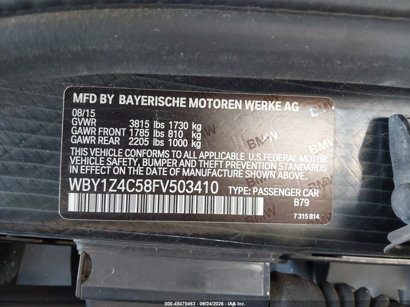 2015 BMW I3 VIN WBY1Z4C58FV503410 IAAI salvage auction — REAR END, Original (Texas), sold $25 on 2026-08-01 (photo 9)