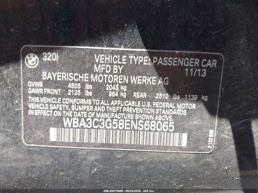 2014 BMW VIN WBA3C3G58ENS68065 IAAI salvage auction — SIDE, Clear (Virginia), sold $1,675 on 2026-07-22 (photo 9)