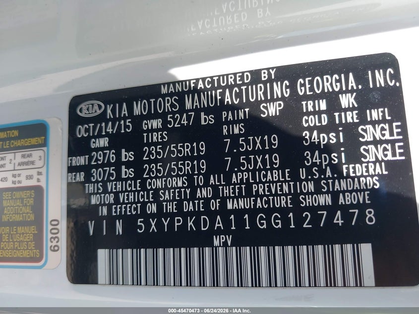 2016 Kia Sorento VIN 5XYPKDA11GG127478 IAAI salvage auction — NORMAL WEAR, Clear (Indiana), sold $2,300 on 2026-07-22 (photo 9)