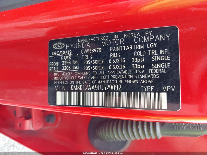 2020 Hyundai Kona VIN KM8K12AA9LU529092 IAAI salvage auction — FRONT END, Clear (South Carolina), sold $2,500 on 2026-09-10 (photo 9)