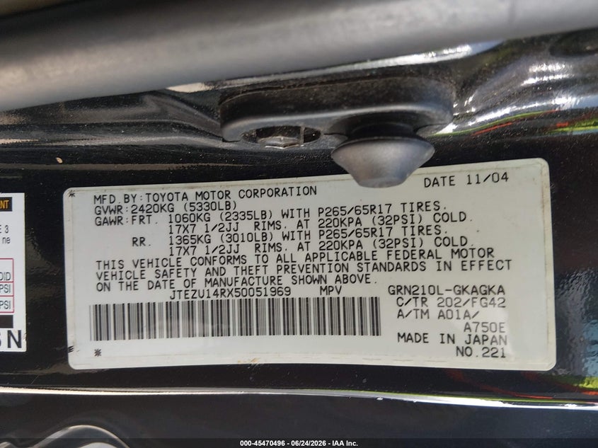 2005 Toyota 4runner VIN JTEZU14RX50051969 IAAI salvage auction — NORMAL WEAR, Salvage (Alabama), sold $2,500 on 2026-07-13 (photo 9)