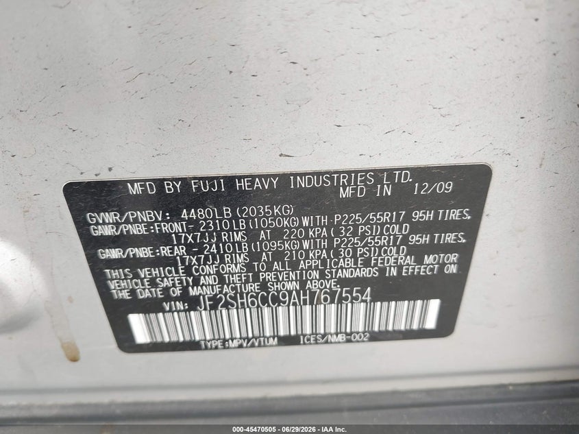 2010 Subaru Forester VIN JF2SH6CC9AH767554 IAAI salvage auction — NORMAL WEAR, Clear (Arizona), sold $325 on 2026-07-14 (photo 9)