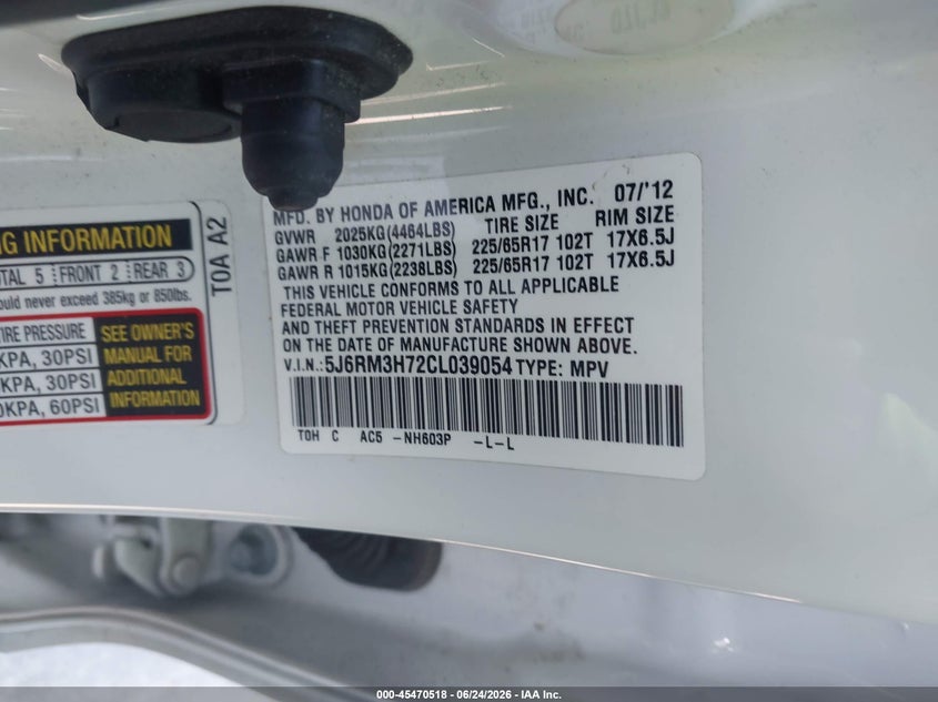 2012 Honda Cr-v VIN 5J6RM3H72CL039054 IAAI salvage auction — FRONT END, Salvage (North Carolina), sold $1,200 on 2026-07-22 (photo 9)