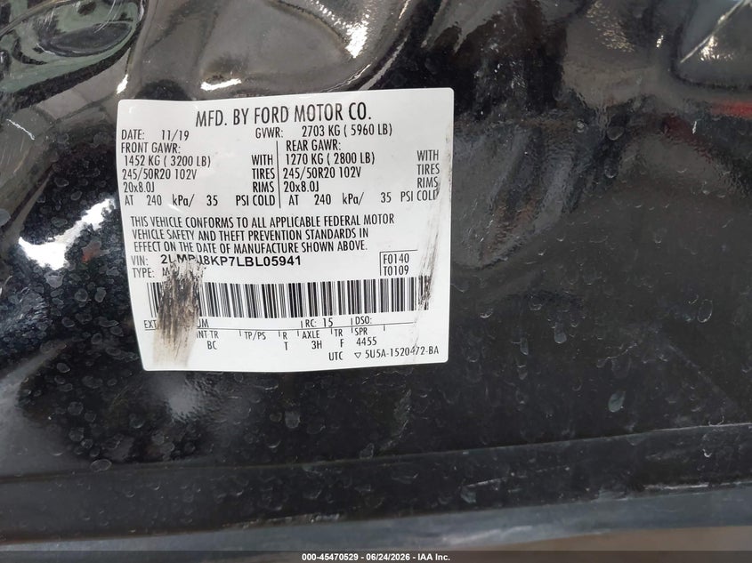 2020 Lincoln Nautilus VIN 2LMPJ8KP7LBL05941 IAAI salvage auction — SIDE, Non-Repairable (Colorado), sold $250 on 2026-07-22 (photo 9)