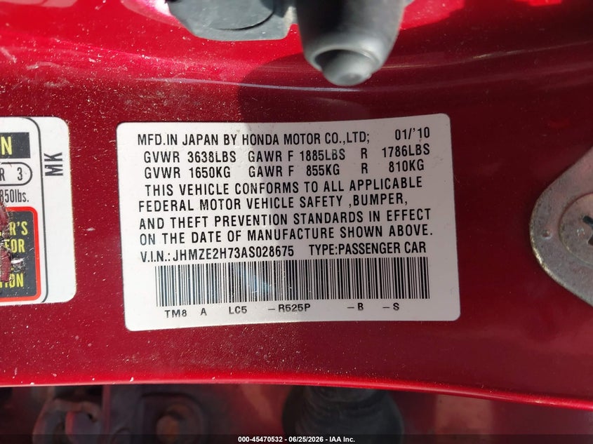 2010 Honda Insight VIN JHMZE2H73AS028675 IAAI salvage auction — LEFT FRONT, Salvage (Pennsylvania), sold $275 on 2026-07-29 (photo 9)