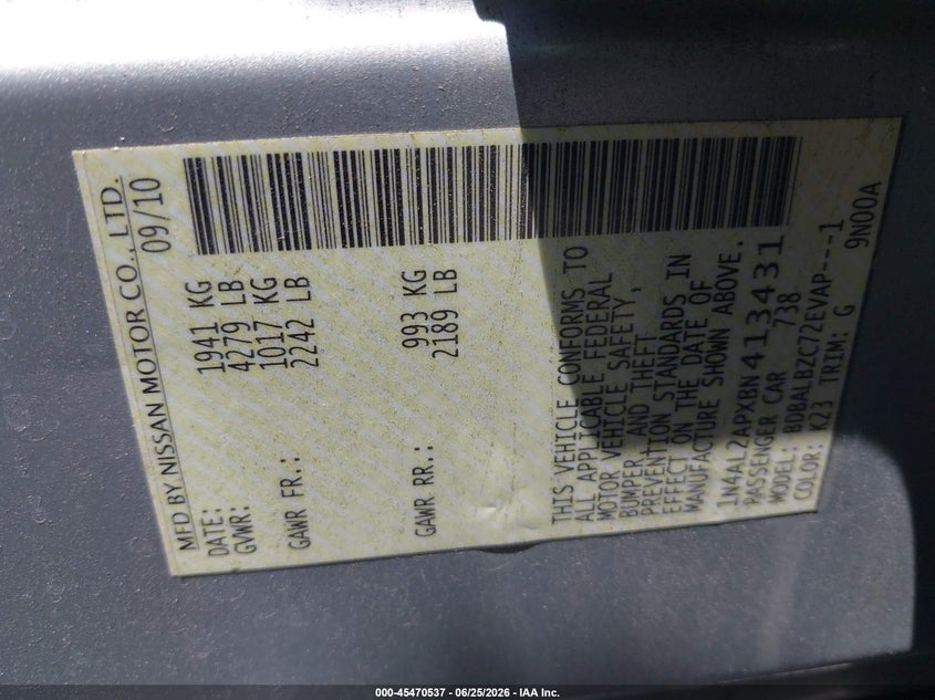 2011 Nissan Altima VIN 1N4AL2APXBN413431 IAAI salvage auction — REAR END, Salvage Certificate (California), sold $175 on 2026-07-10 (photo 9)