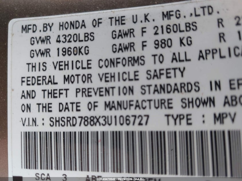 2003 Honda Cr-v VIN SHSRD788X3U106727 IAAI salvage auction — FRONT END, Clear (Virginia), sold $825 on 2026-07-19 (photo 9)