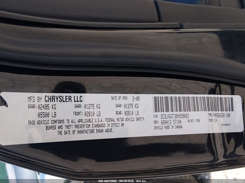 2009 Chrysler 300 VIN 2C3LK63T39H599022 IAAI salvage auction — RIGHT SIDE, Salvage (Kentucky), sold $1,400 on 2026-09-11 (photo 9)