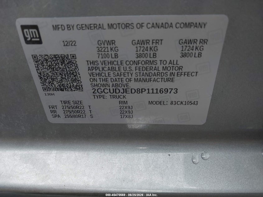 2023 Chevrolet Silverado VIN 2GCUDJED8P1116973 IAAI salvage auction — STORM DAMAGE, Salvage Title, sold $22,000 on 2026-07-29 (photo 9)