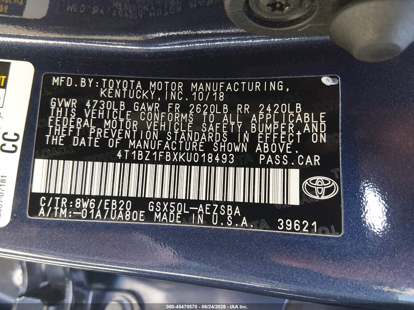 2019 Toyota Avalon VIN 4T1BZ1FBXKU018493 IAAI salvage auction — FRONT END, Bill Of Sale (Washington), sold $8,600 on 2026-07-22 (photo 9)