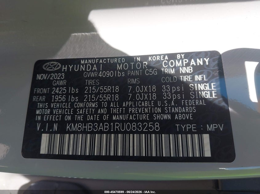 2024 Hyundai Kona VIN KM8HB3AB1RU083258 IAAI salvage auction — REAR END, Salvage Title, sold $9,700 on 2026-07-31 (photo 9)