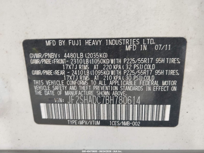 2011 Subaru Forester VIN JF2SHADC7BH780614 IAAI salvage auction — NORMAL WEAR, Clear (Virginia), sold $300 on 2026-07-23 (photo 9)