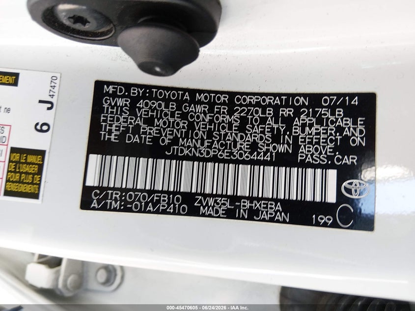 2014 Toyota Prius VIN JTDKN3DP6E3064441 IAAI salvage auction — FRONT END, Salvage Title, sold $5,600 on 2026-07-30 (photo 9)