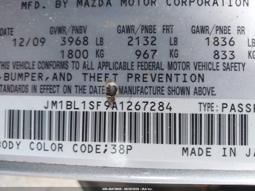2010 Mazda 3 VIN JM1BL1SF9A1267284 IAAI salvage auction — LEFT FRONT, Clear (Virginia), sold $350 on 2026-07-17 (photo 9)