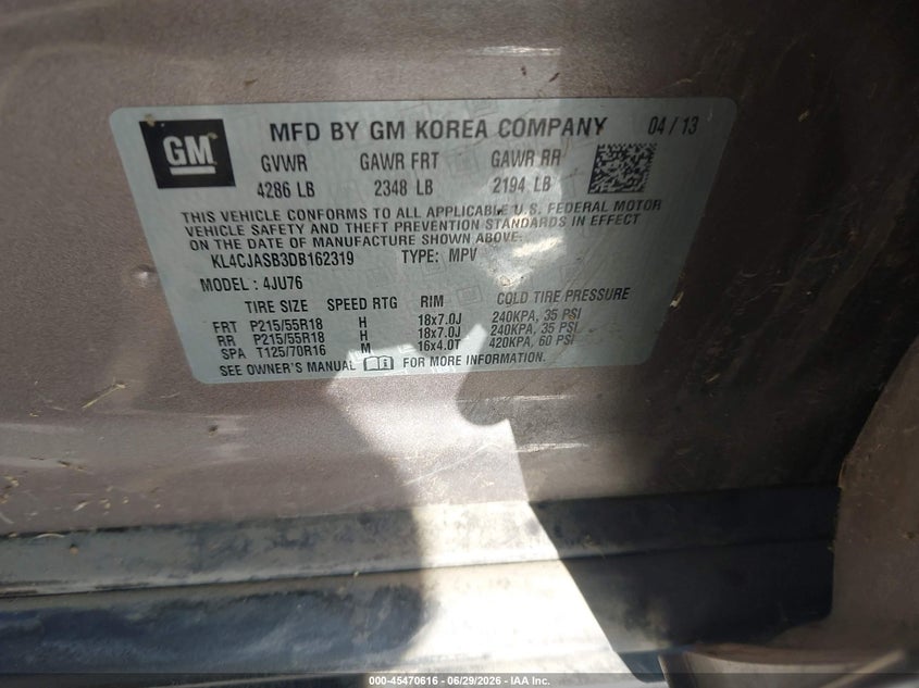 2013 Buick Encore VIN KL4CJASB3DB162319 IAAI salvage auction — NORMAL WEAR, Clear - Dealer Only (California), sold $375 on 2026-07-08 (photo 9)