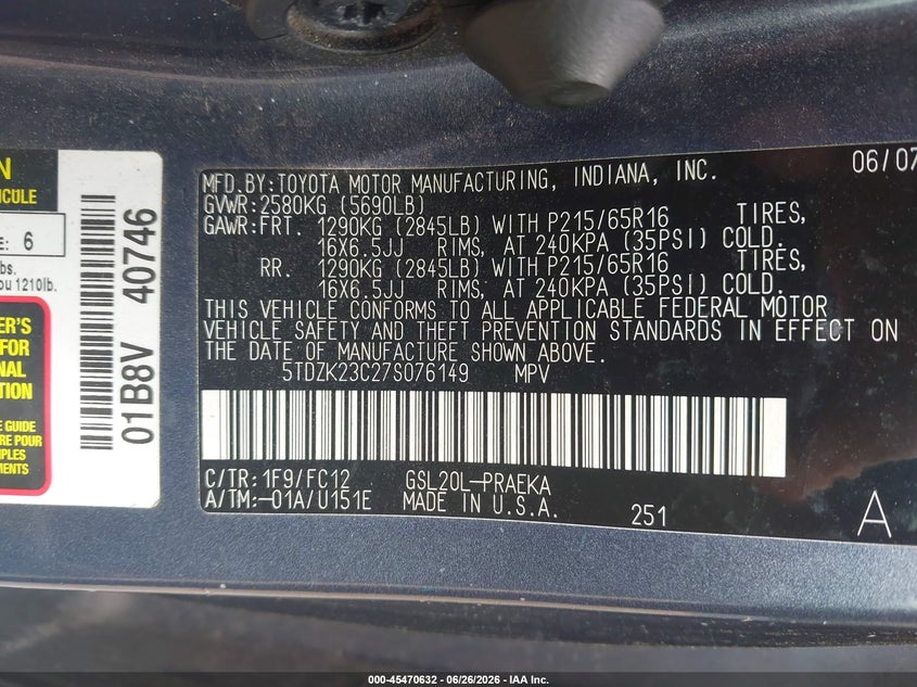 2007 Toyota Sienna VIN 5TDZK23C27S076149 IAAI salvage auction — FRONT & REAR, Clear (New Jersey), sold $650 on 2026-07-22 (photo 9)