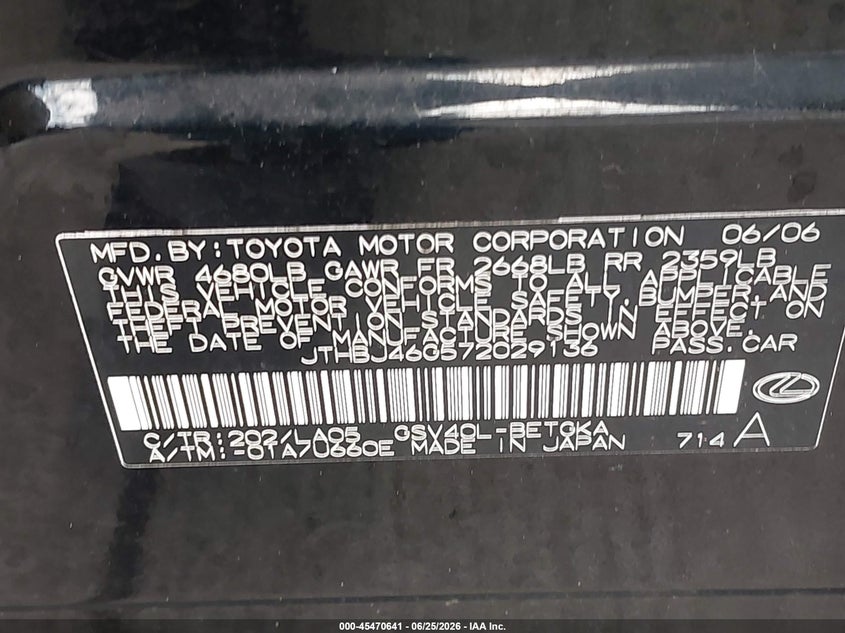 2007 Lexus Es 350 VIN JTHBJ46G572029136 IAAI salvage auction — RIGHT FRONT, Clear (Indiana), sold $1,275 on 2026-07-31 (photo 9)