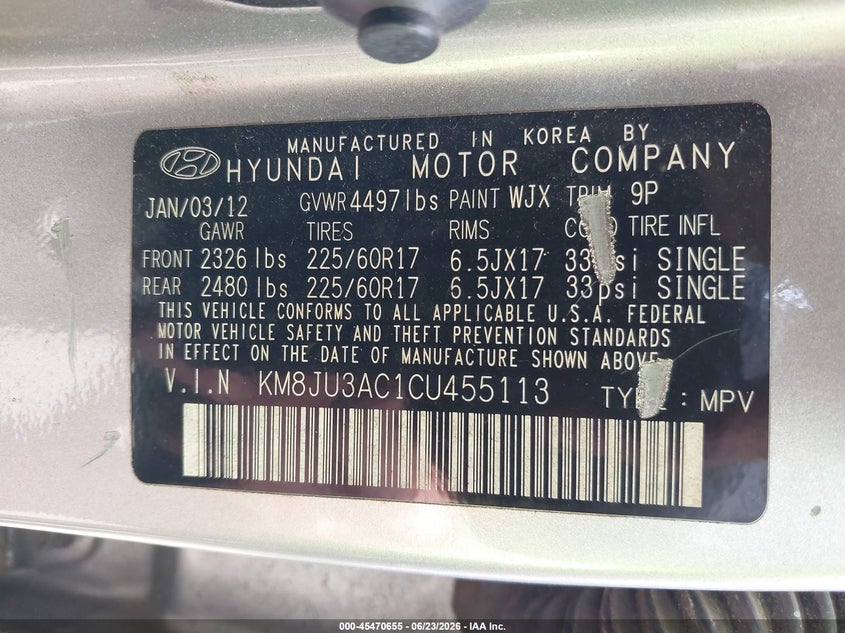 2012 Hyundai Tucson VIN KM8JU3AC1CU455113 IAAI salvage auction — NORMAL WEAR, Clear (Hawaii), sold $750 on 2026-07-28 (photo 9)