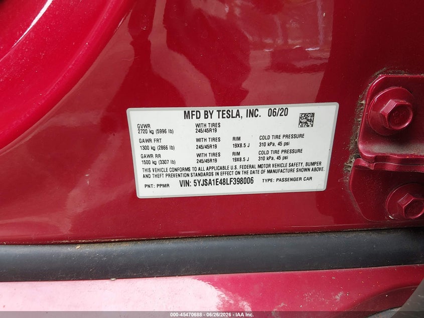 2020 Tesla Model s VIN 5YJSA1E48LF398006 IAAI salvage auction — FRONT END, Salvage (New Jersey), sold $10,700 on 2026-07-24 (photo 9)