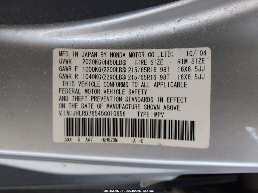 2005 Honda Cr-v VIN JHLRD78545C010656 IAAI salvage auction — FRONT END, Bill Of Sale (Washington), sold $1,450 on 2026-07-29 (photo 9)