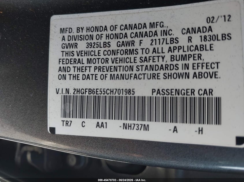 2012 Honda Civic VIN 2HGFB6E55CH701985 IAAI salvage auction — REAR END, Salvage Title, sold $3,400 on 2026-09-02 (photo 9)