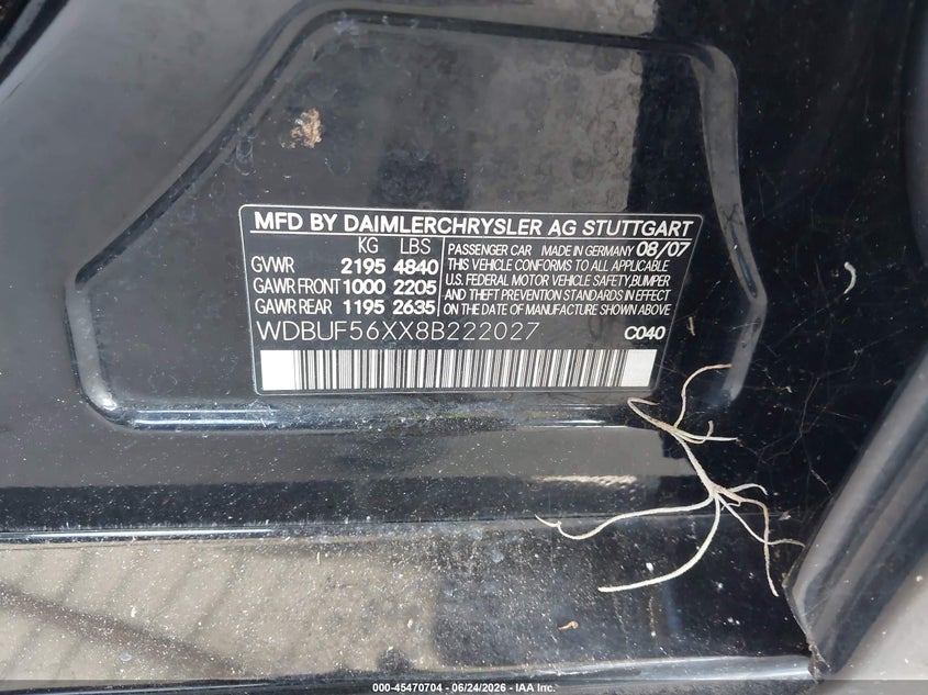2008 Mercedes-benz E-class VIN WDBUF56XX8B222027 IAAI salvage auction — NORMAL WEAR, Clear (Florida), sold $950 on 2026-07-21 (photo 9)