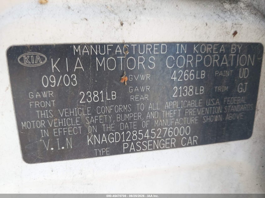 2004 Kia Optima VIN KNAGD128545276000 IAAI salvage auction — NORMAL WEAR, Clear - Dealer Only (California), sold $225 on 2026-07-08 (photo 9)