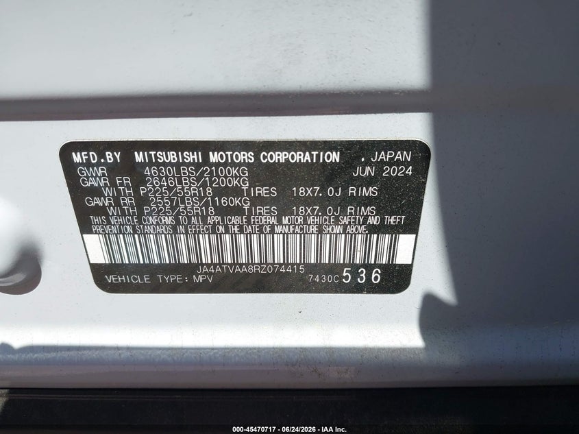 2024 Mitsubishi Eclipse cross VIN JA4ATVAA8RZ074415 IAAI salvage auction — LEFT FRONT, Salvage (New Hampshire), sold $8,500 on 2026-08-21 (photo 9)
