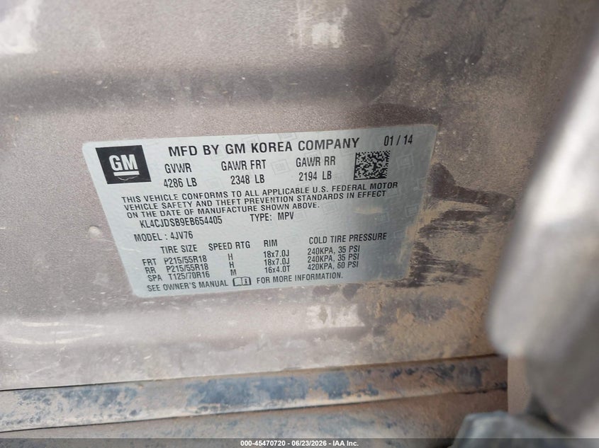 2014 Buick Encore VIN KL4CJDSB9EB654405 IAAI salvage auction — LEFT & RIGHT, Original (Texas), sold $225 on 2026-07-10 (photo 9)