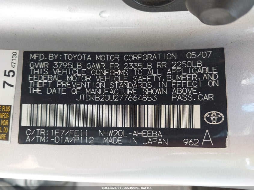 2007 Toyota Prius VIN JTDKB20U277664853 IAAI salvage auction — FRONT END, Salvage - Greater Than 75% (Maryland), sold $250 on 2026-07-21 (photo 9)