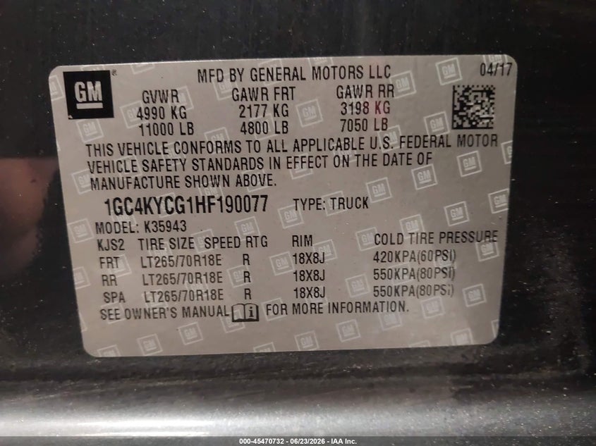 2017 Chevrolet Silverado VIN 1GC4KYCG1HF190077 IAAI salvage auction — NORMAL WEAR, Sf97 (Washington), sold $25 on 2026-07-29 (photo 9)