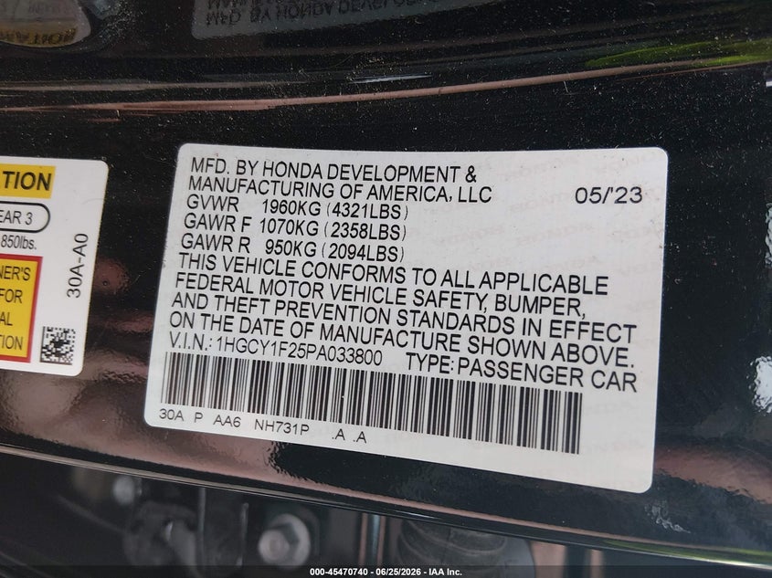 2023 Honda Accord VIN 1HGCY1F25PA033800 IAAI salvage auction — LEFT FRONT, Salvage Title, sold $6,300 on 2026-07-26 (photo 9)
