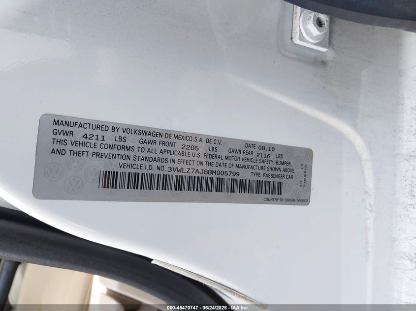 2011 Volkswagen Jetta VIN 3VWLZ7AJ8BM005799 IAAI salvage auction — RIGHT SIDE, Salvage Certificate (California), sold $1,200 on 2026-07-10 (photo 9)