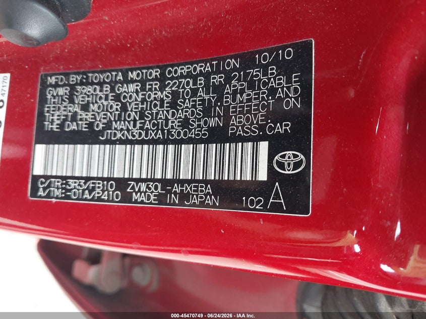 2010 Toyota Prius VIN JTDKN3DUXA1300455 IAAI salvage auction — NORMAL WEAR, Clear-Dealer Only (North Carolina), sold $650 on 2026-07-20 (photo 9)