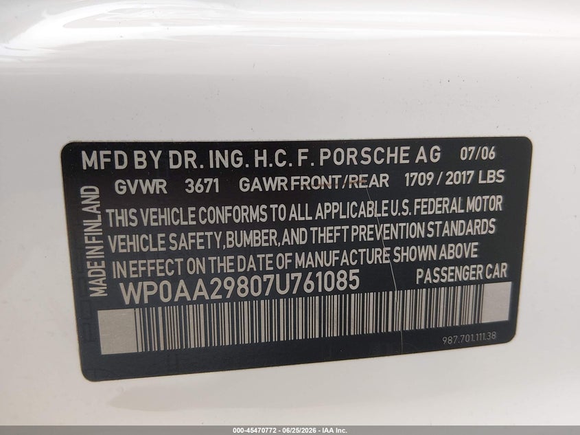 2007 Porsche Cayman VIN WP0AA29807U761085 IAAI salvage auction — RIGHT FRONT, Salvage (California), sold $5,100 on 2026-07-22 (photo 9)