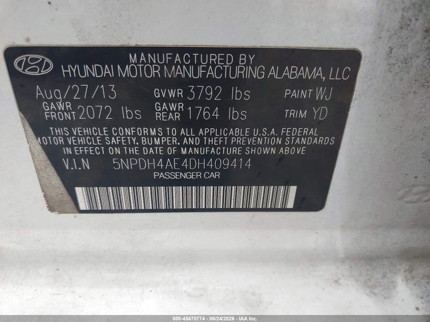2013 Hyundai Elantra VIN 5NPDH4AE4DH409414 IAAI salvage auction — FRONT END, Salvage (Mississippi), sold $25 on 2026-07-24 (photo 9)
