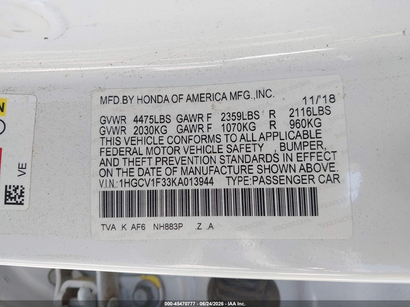 2019 Honda Accord VIN 1HGCV1F33KA013944 IAAI salvage auction — ROLLOVER, Salvage (California), sold $975 on 2026-07-05 (photo 9)