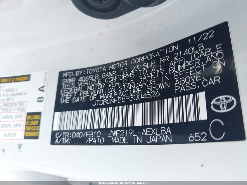2023 Toyota Corolla VIN JTDBCMFE8P3004526 IAAI salvage auction — FRONT END, Salvage (California), sold $4,000 on 2026-07-11 (photo 9)