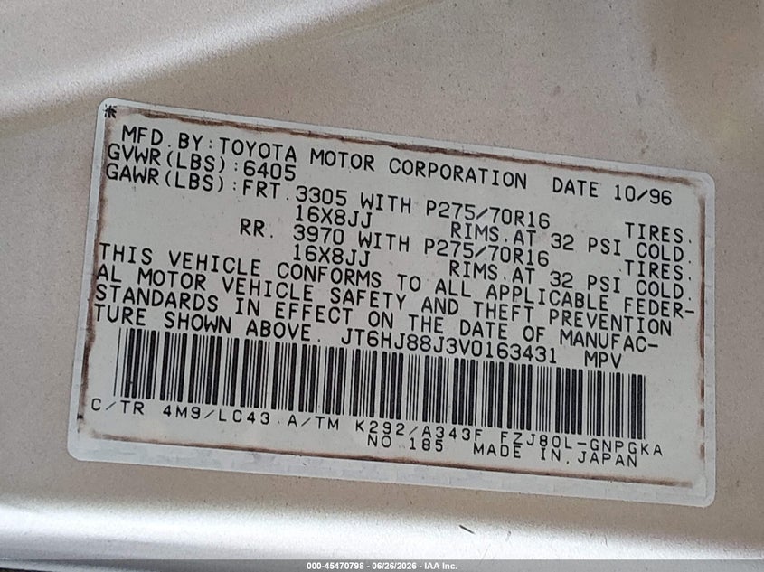 1997 Lexus Lx 450 VIN JT6HJ88J3V0163431 IAAI salvage auction — RIGHT FRONT, Salvage (Arizona), sold $5,100 on 2026-07-28 (photo 9)
