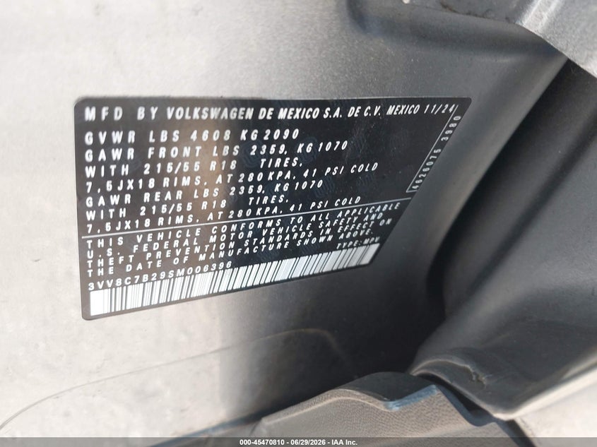 2025 Volkswagen Taos VIN 3VV8C7B29SM006396 IAAI salvage auction — BIOHAZARD/CHEMICAL, Mv-907A (New York), sold $1,650 on 2026-08-13 (photo 9)