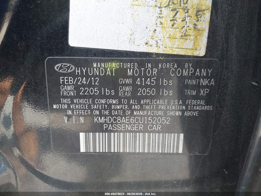 2012 Hyundai Elantra VIN KMHDC8AE6CU152052 IAAI salvage auction — NORMAL WEAR, Clear (Virginia), sold $725 on 2026-07-14 (photo 9)