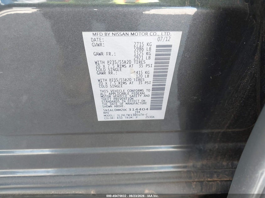 2013 Infiniti Jx VIN 5N1AL0MM2DC314404 IAAI salvage auction — FRONT END, Original (Texas), sold $1,000 on 2026-07-09 (photo 9)