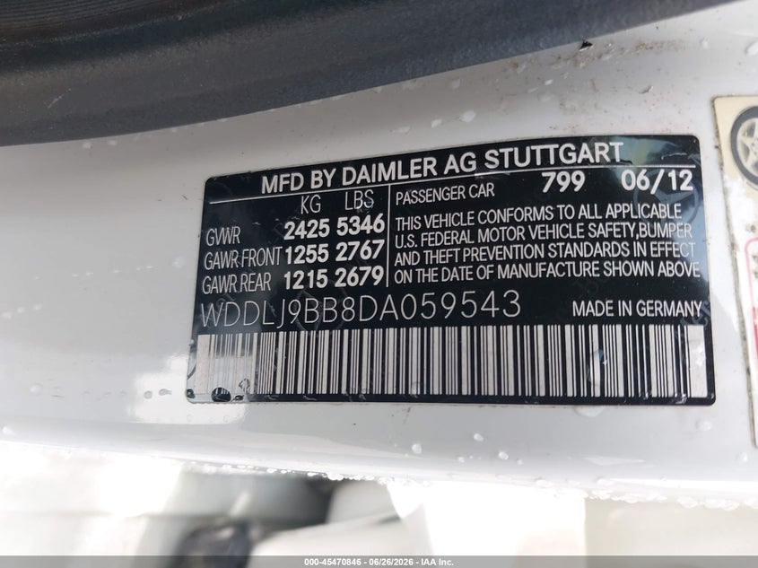 2013 Mercedes-benz Cls-klasse VIN WDDLJ9BB8DA059543 IAAI salvage auction — FRONT END, Salvage Title, sold $2,500 on 2026-08-01 (photo 9)